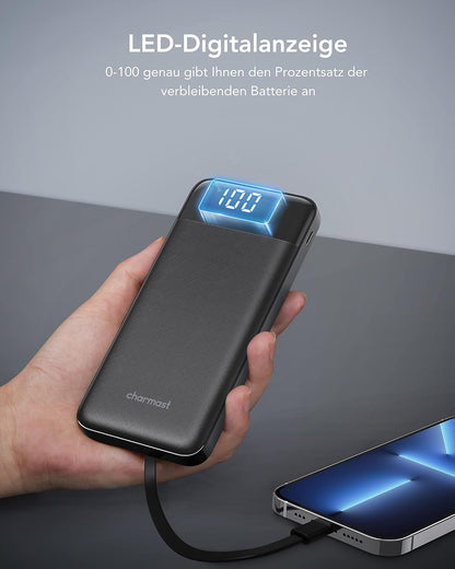 Charmast Power Bank, Slim 10000mAh Powerbank mit Kabel USB C und LED-Display, 6 Ausgängen Klein Aber Stark Externe Handyakkus Kompatibel mit iPhone 16 15 14 13 12 11 Pro Max Plus Huawei Samsung Tablet