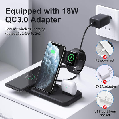 Chargeur sans fil Jekeco, station de charge inductive Qi 4 en 1, connexions par câble 15 W pour Apple Watch SE/6/5, Airpods Pro, iPhone 14/13/12/11/SE/XR/XS, Samsung Galaxy Buds/S21/S20 avec adaptateur QC 3.0 18 W