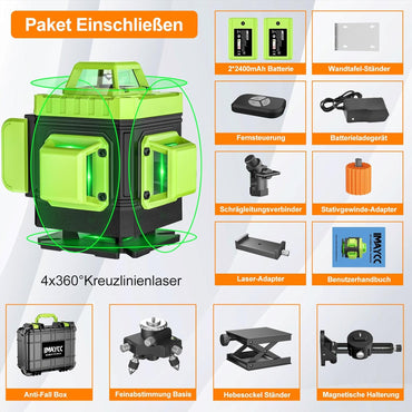 IMAYCC Kreuzlinienlaser Grün Selbstnivellierend Laser Wasserwaage 16 Linien 4Dx360 Grad Linienlaser Kreuzlaser Baulaser Einstellbare Helligkeit für Innenbereich Baustelle, 2 x Batterie