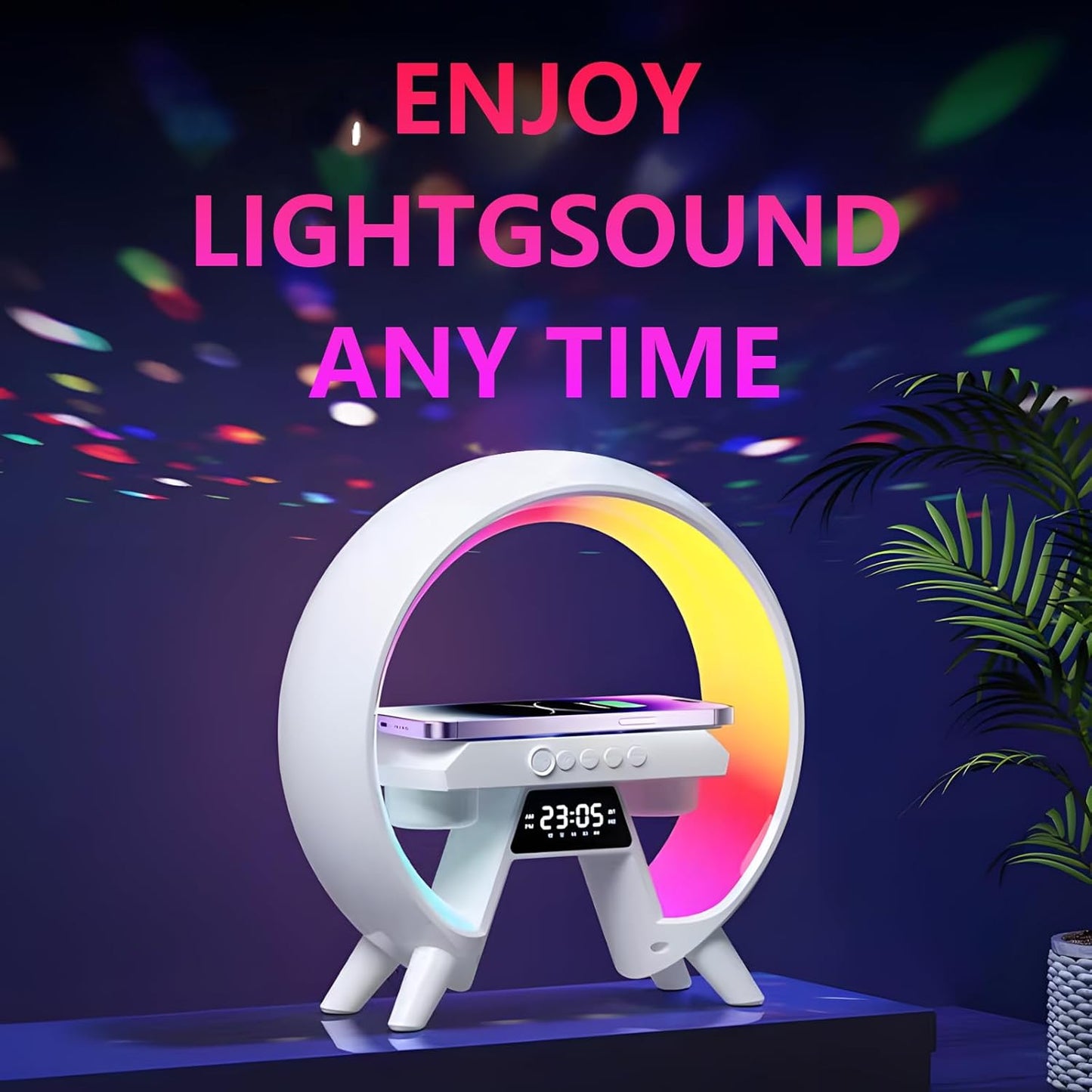 Atmosphärenlampe mit Kabellosem Ladegerät, 5 in 1 Kabelloses Laden Tischlampe,LED Nachttischlampe, Musik Alarm Clock,Dimmbar Nachtlicht, Bluetooth-Lautsprecher, für Büro, Schlafzimmer,Wohnzimmer [Energieklasse G]