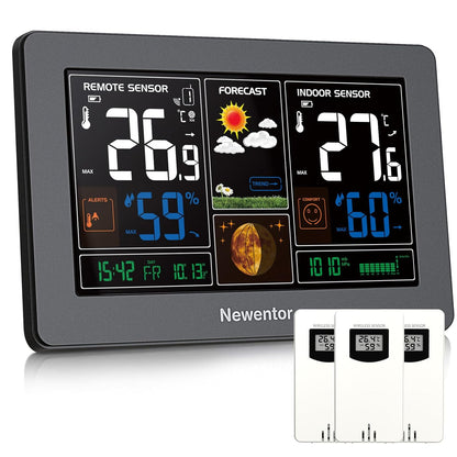 Newentor Wetterstation Funk mit Außensensor - Funkwetterstation mit Wettervorhersage, Temperaturwarnung, DCF Funkuhr - Batteriebetrieb und Netzbetrieb, Schwarz, 3 Außensensoren