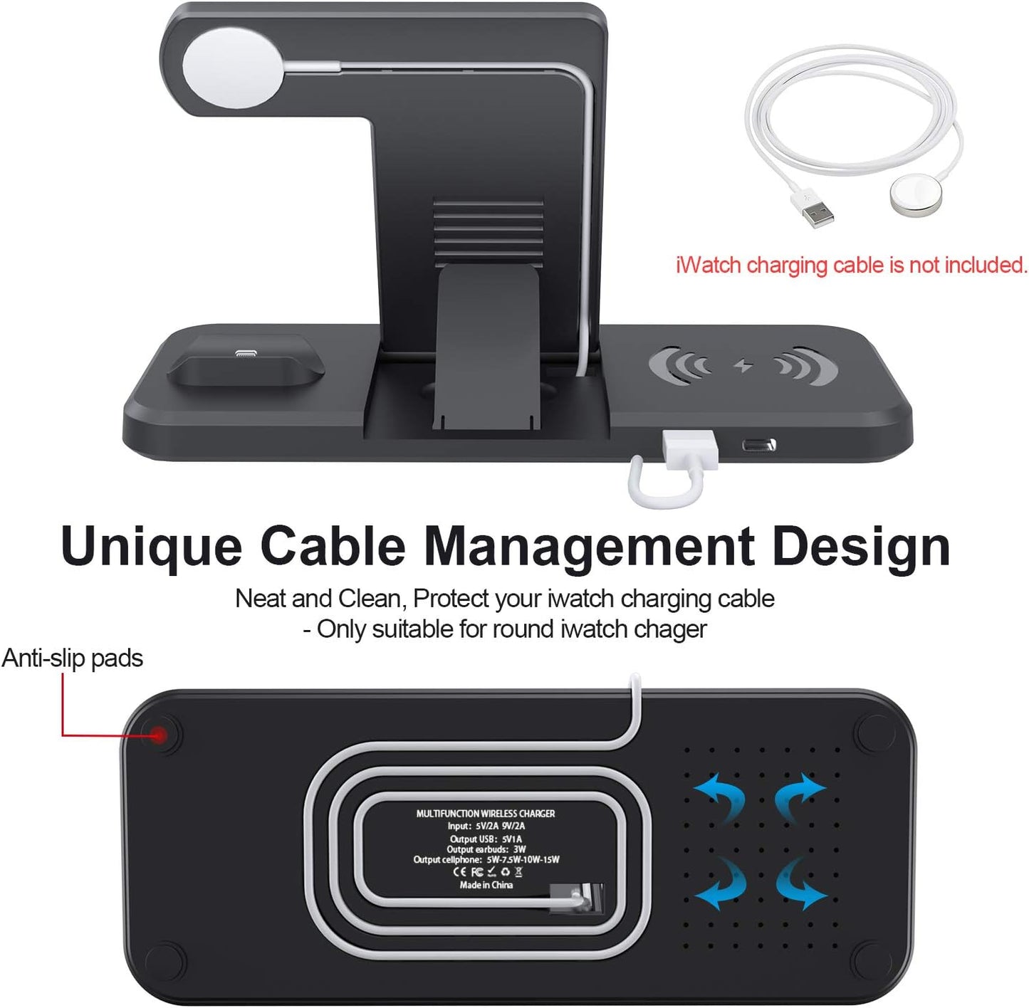 Chargeur sans fil Jekeco, station de charge inductive Qi 4 en 1, connexions par câble 15 W pour Apple Watch SE/6/5, Airpods Pro, iPhone 14/13/12/11/SE/XR/XS, Samsung Galaxy Buds/S21/S20 avec adaptateur QC 3.0 18 W