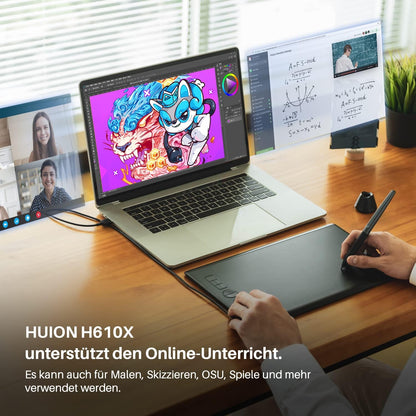 HUION Inspiroy H610X Tablette graphique 10 x 6,25 pouces, tablette Zeichen avec support sans batterie et 8 tablettes fonctionnelles réglables, tablette OSU, prend en charge Chromebook Android – pour le bureau à domicile et l'apprentissage en ligne