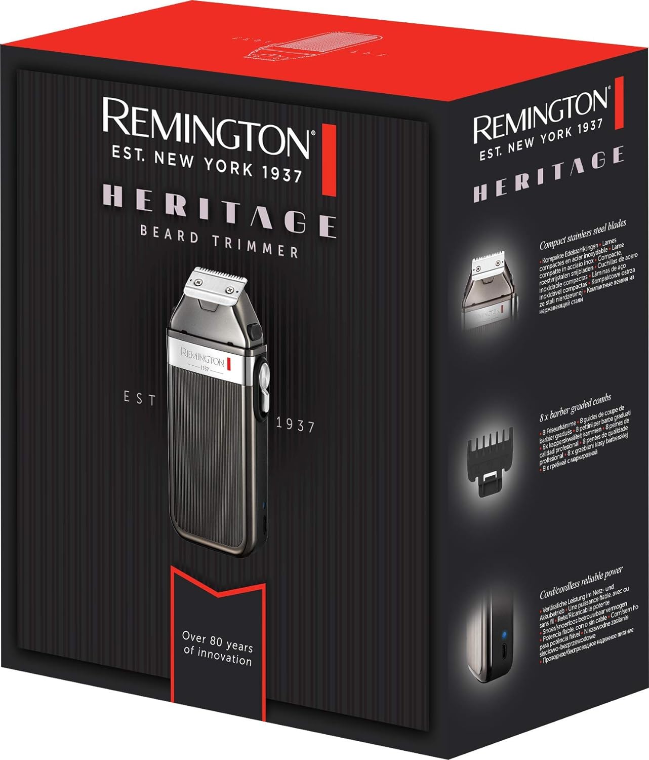 Remington Heritage MB9100 Barttrimmer Herren Retro Design Haarschneidemaschine Bartschneider hochwertige Edelstahlklingen, USB-Ladefunktion, 8 Aufsteckkämme (1.5-15mm), Netz-/Akkubetrieb