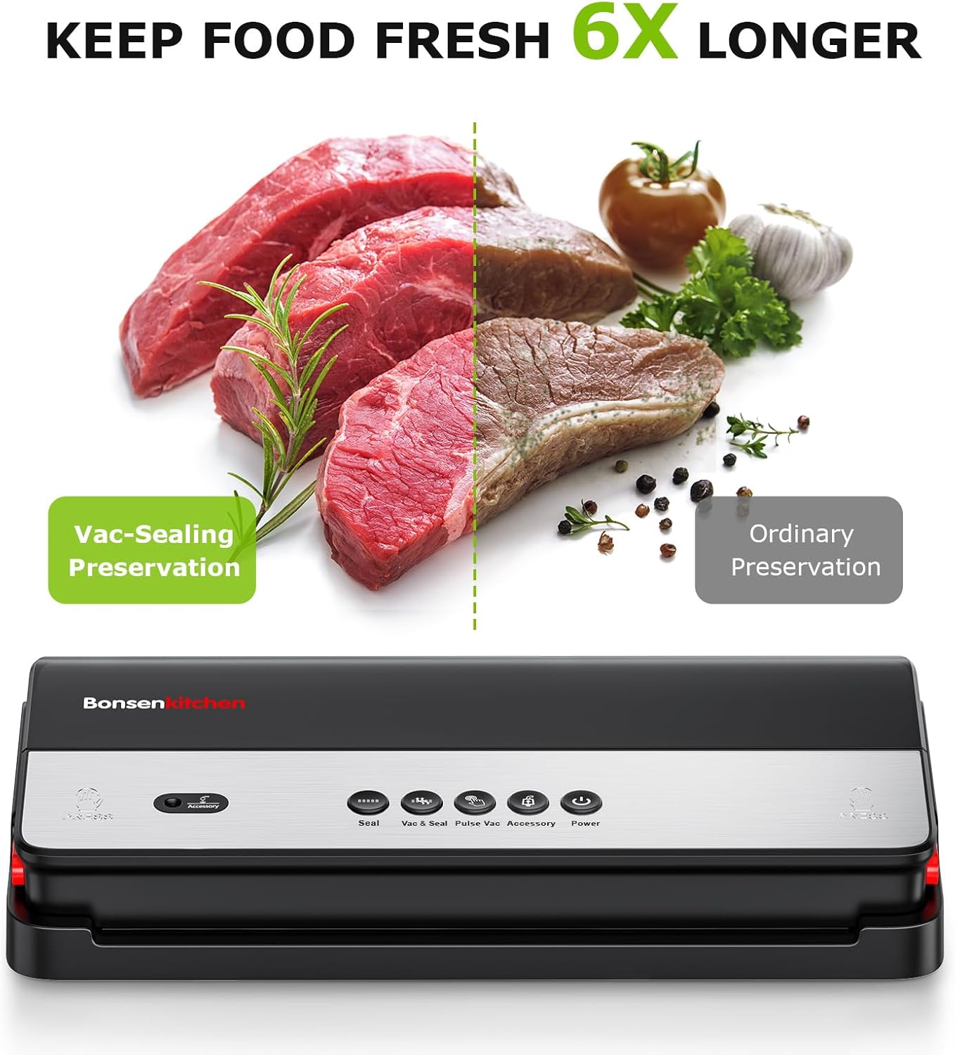 Bonsenkitchen Vakuumiergerät, Lebensmittelversiegelungsmaschine avec integriertem Schneider et Vakuum-Rollbeutel, abnehmbar, trockene et feuchte Lebensmittel, Fresh Konservierung VS3017 (noir)