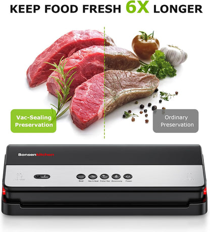 Bonsenkitchen Vakuumiergerät, Lebensmittelversiegelungsmaschine avec integriertem Schneider et Vakuum-Rollbeutel, abnehmbar, trockene et feuchte Lebensmittel, Fresh Konservierung VS3017 (noir)