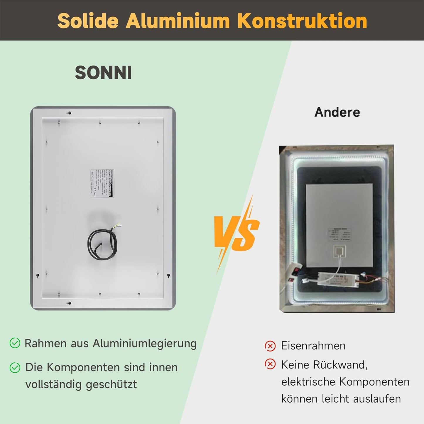 Miroir de salle de bain LED SONNI avec interrupteur tactile 80x50cm Blanc chaud IP44 Économie d'énergie