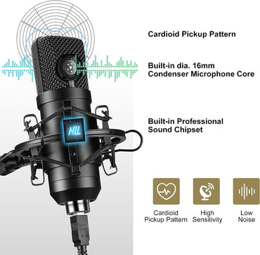 Professionelles USB-Mikrofonset für Studio-Audio, 192 kHz/24 Bit NLL-Kondensator-Computermikrofon, Plug &amp; Play-Desktop-Podcast-Mikrofon, Stoßdämpferhalterung, Popfilter, NC-012