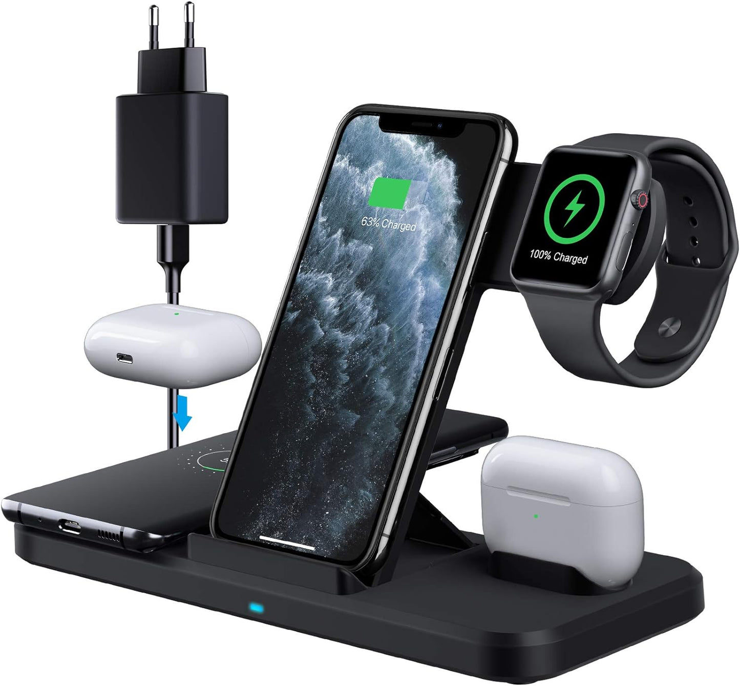 Chargeur sans fil Jekeco, station de charge inductive Qi 4 en 1, connexions par câble 15 W pour Apple Watch SE/6/5, Airpods Pro, iPhone 14/13/12/11/SE/XR/XS, Samsung Galaxy Buds/S21/S20 avec adaptateur QC 3.0 18 W