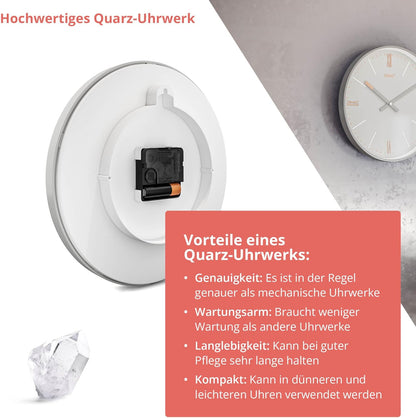 Mebus Wanduhr TinyTime mit römischen Ziffern | Wanduhr ohne Tickgeräusche | Durchmesser 25 cm | klassisches Zifferblatt in Hellgrau | Silbernes Gehäuse | Kupferfarbene Akzente, 19779
