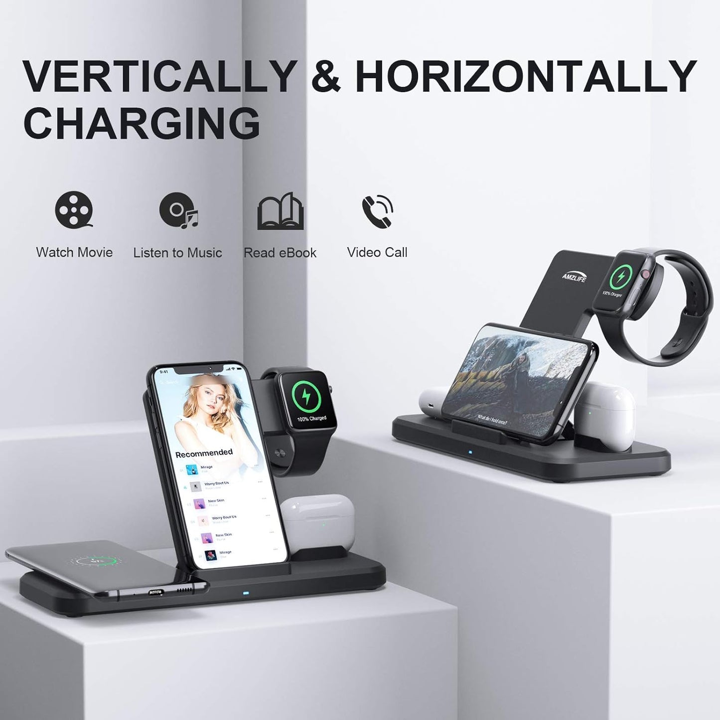 Chargeur sans fil Jekeco, station de charge inductive Qi 4 en 1, connexions par câble 15 W pour Apple Watch SE/6/5, Airpods Pro, iPhone 14/13/12/11/SE/XR/XS, Samsung Galaxy Buds/S21/S20 avec adaptateur QC 3.0 18 W