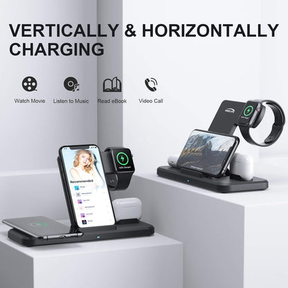 Chargeur sans fil Jekeco, station de charge inductive Qi 4 en 1, connexions par câble 15 W pour Apple Watch SE/6/5, Airpods Pro, iPhone 14/13/12/11/SE/XR/XS, Samsung Galaxy Buds/S21/S20 avec adaptateur QC 3.0 18 W