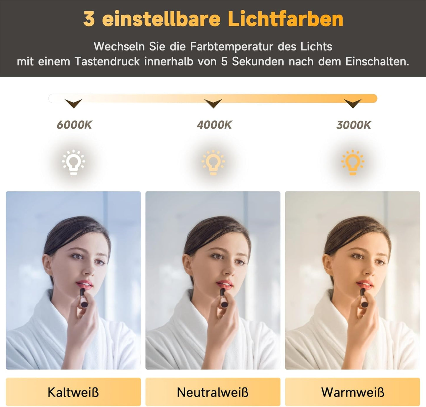 Miroir de salle de bain LED SONNI avec interrupteur tactile 80x50cm Blanc chaud IP44 Économie d'énergie