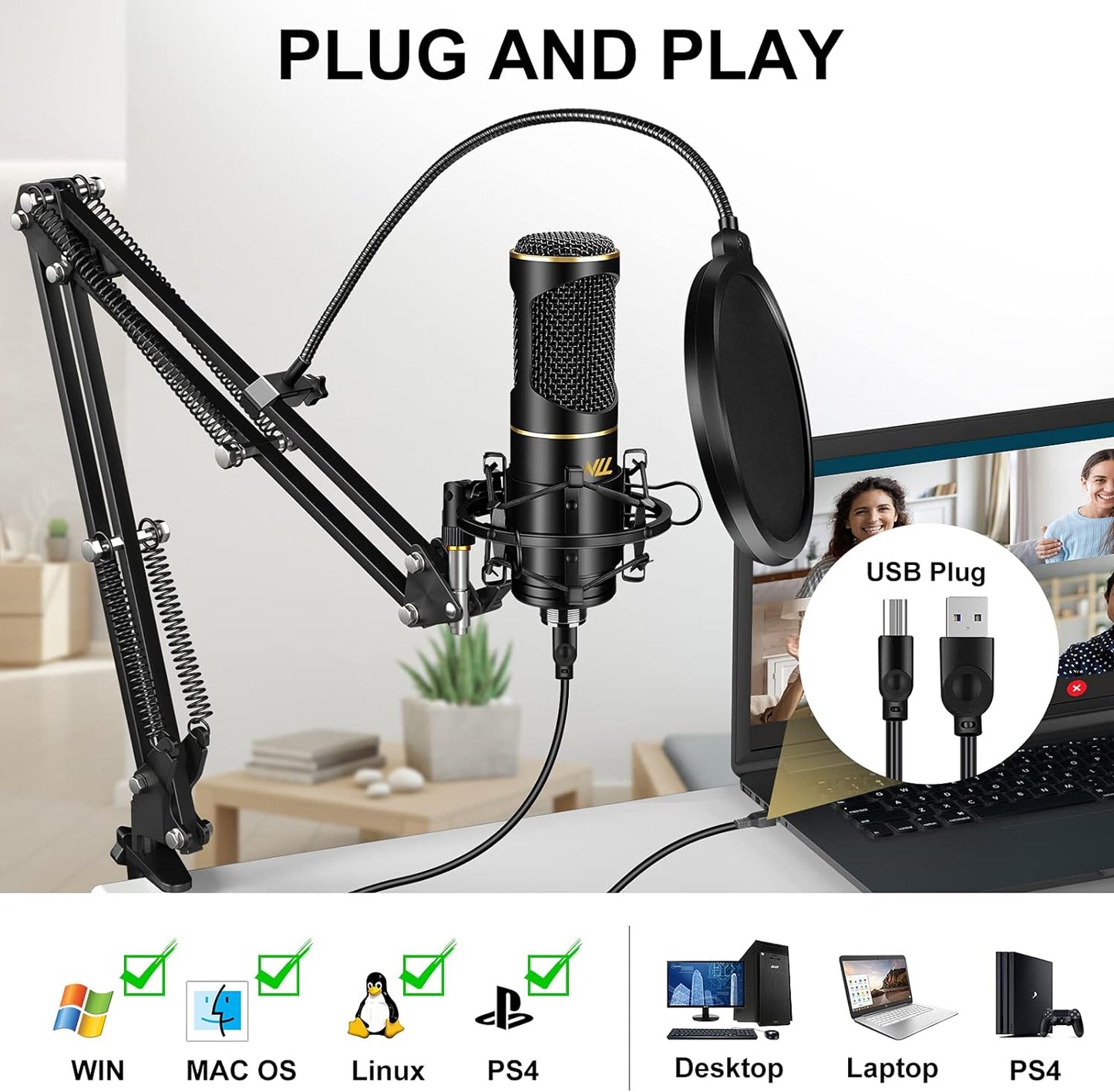 NLL USB-Mikrofon für Computer, PC, Podcast-Mikrofon-Set für Streaming, Studio-Audio, Sound, mit Gaming-Mikrofonständer, stoßdämpfende Halterung, Pop-Filter NC-011