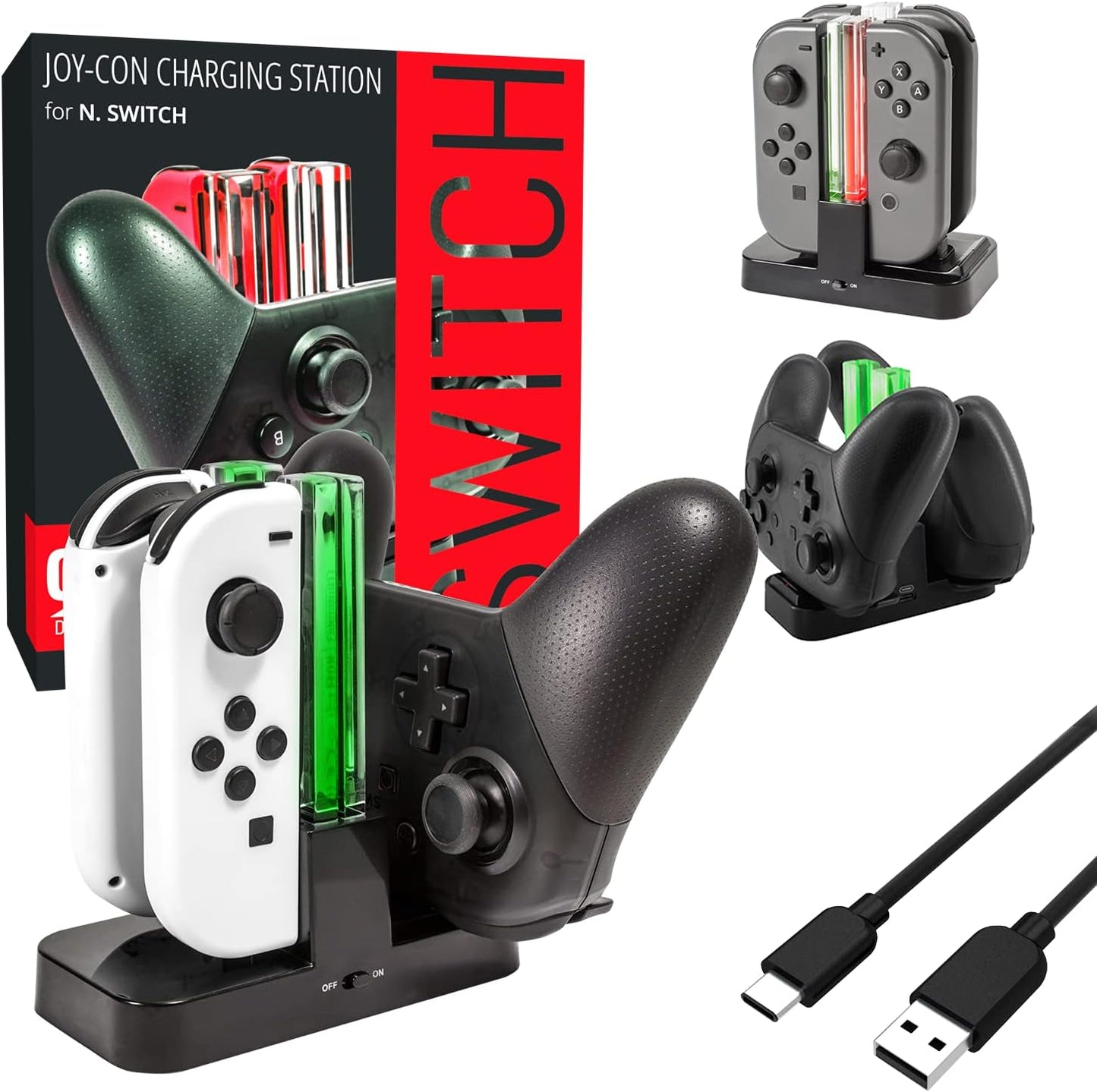 Orzly Ladestation für Switch Controller Pro Controller und JoyCons, Dockingstation [mit einzelnen LEDs und USB Type-C Kabel]