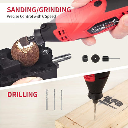 Towallmark Drehwerkzeug-Set, 1,5 A, variable Geschwindigkeit, drehbares Werkzeug mit Flexschaft, 88-teiliges Zubehör und 4 Aufsätze, perfekt für Build- und DIY-Projekte – Schneiden, Holzschnitzen, Gravieren, Schleifen
