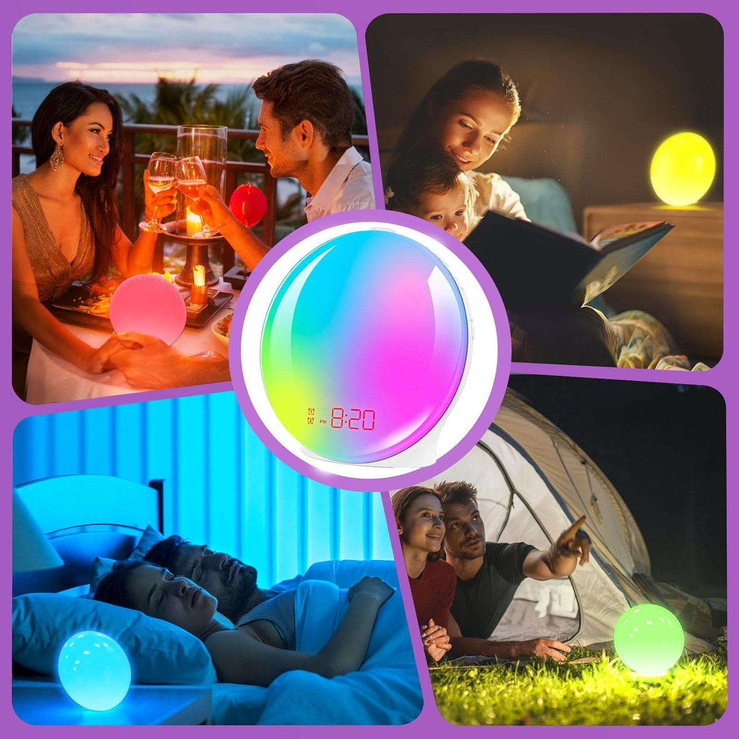 Wecker, Lichtwecker mit Sonnenaufgang/Sonnenuntergang Simulation, Tageslichtwecker mit Snooze-Funktion and Dual Alarme, Sonnenuntergang lampe mit 10 Natürliche Klänge, 7 Farben Atmosphäre Lampe [Energieklasse G]