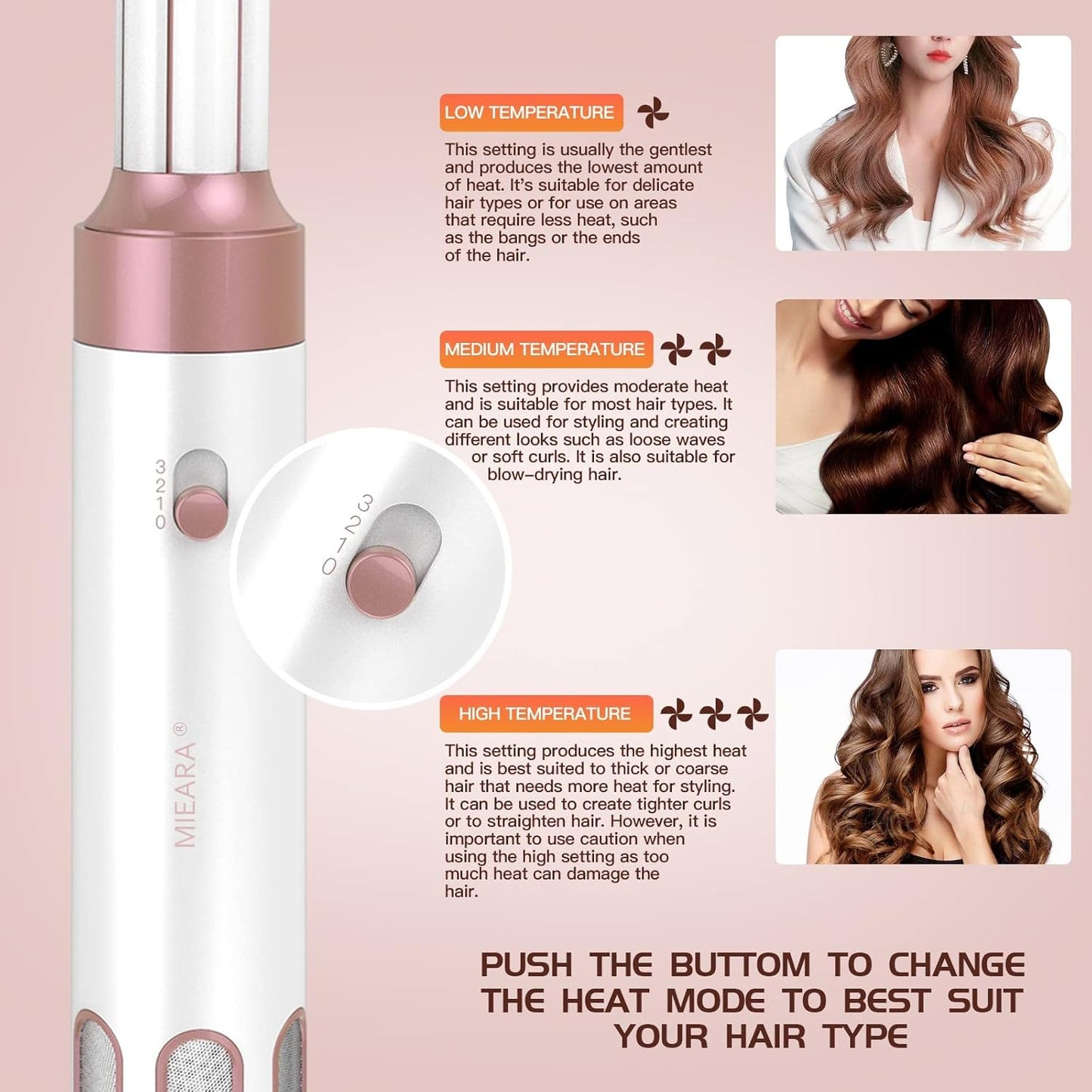 MIEARA 5 in 1 Airstyler Ionen Föhn, Professioneller Multifunktionaler Hairstyler, für Schnelles Trocknen Warmluftbürste Frizz-Free Lockenstab Automatisch Volumizing Glättung (pink)