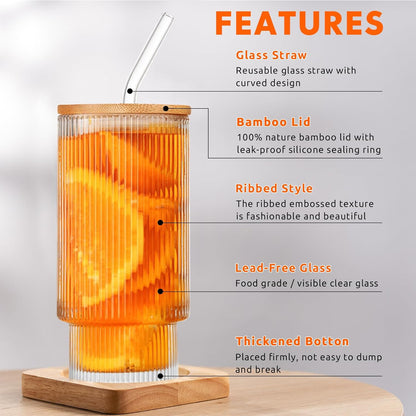 HMJIA 4er-Pack 500 ml Longdrinkgläser aus geriffeltem Glas mit Glasstrohhalmen, Bambusdeckeln, Reinigungsbürste – Cocktailglas-Set