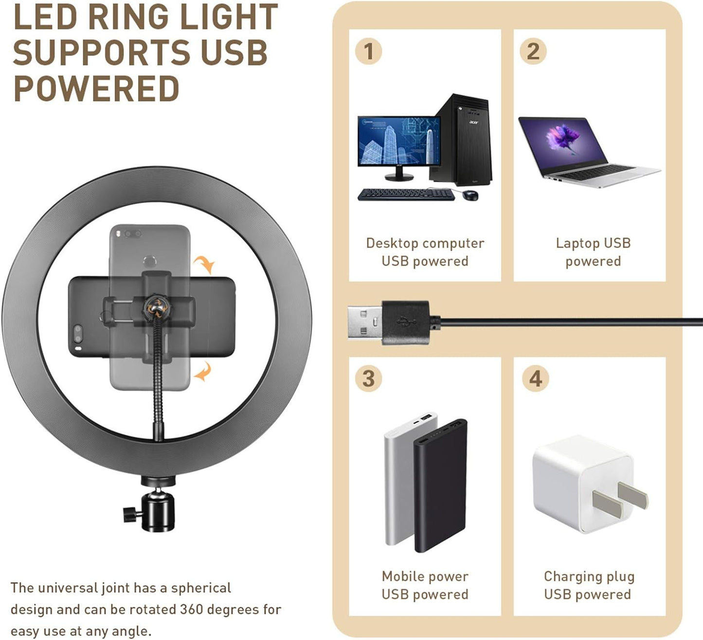 Ringlicht 10" mit Stativständer und Telefonhalter für YouTube-Video und Streaming, Schreibtisch-Make-up, LED-Ringlicht dimmbar für Fotobeleuchtung, Selfie mit 3 Lichtmodi und 10 Helligkeitsstufen (10")