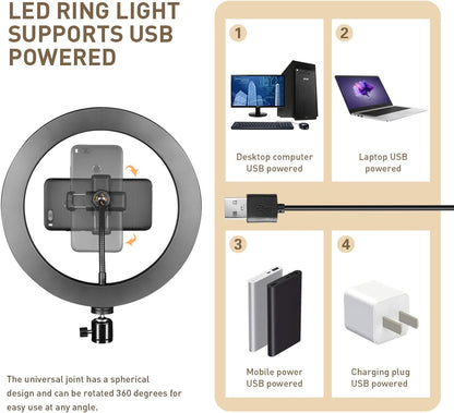 Ringlicht 10" mit Stativständer und Telefonhalter für YouTube-Video und Streaming, Schreibtisch-Make-up, LED-Ringlicht dimmbar für Fotobeleuchtung, Selfie mit 3 Lichtmodi und 10 Helligkeitsstufen (10")