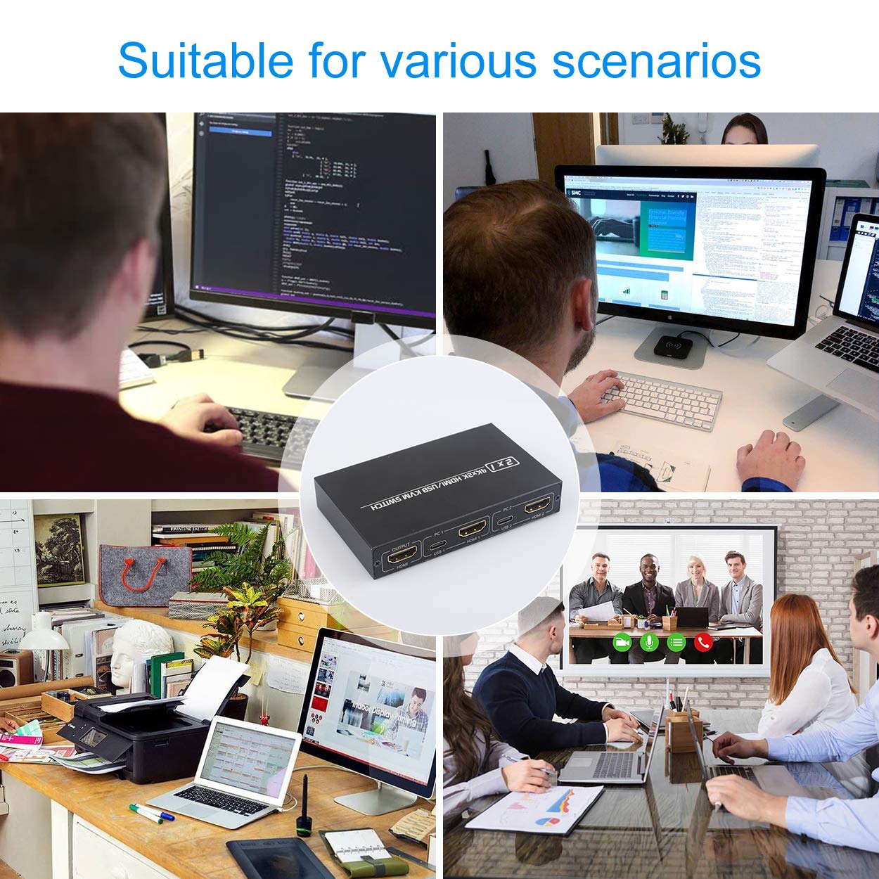 KCEVE KVM-Switch HDMI 2 Port, USB-Switch UHD 4K 30 Hz, Dual-Monitor-KVM-Switch, 4 USB 2.0-Hubs, unterstützt kabellose Tastatur und Maus