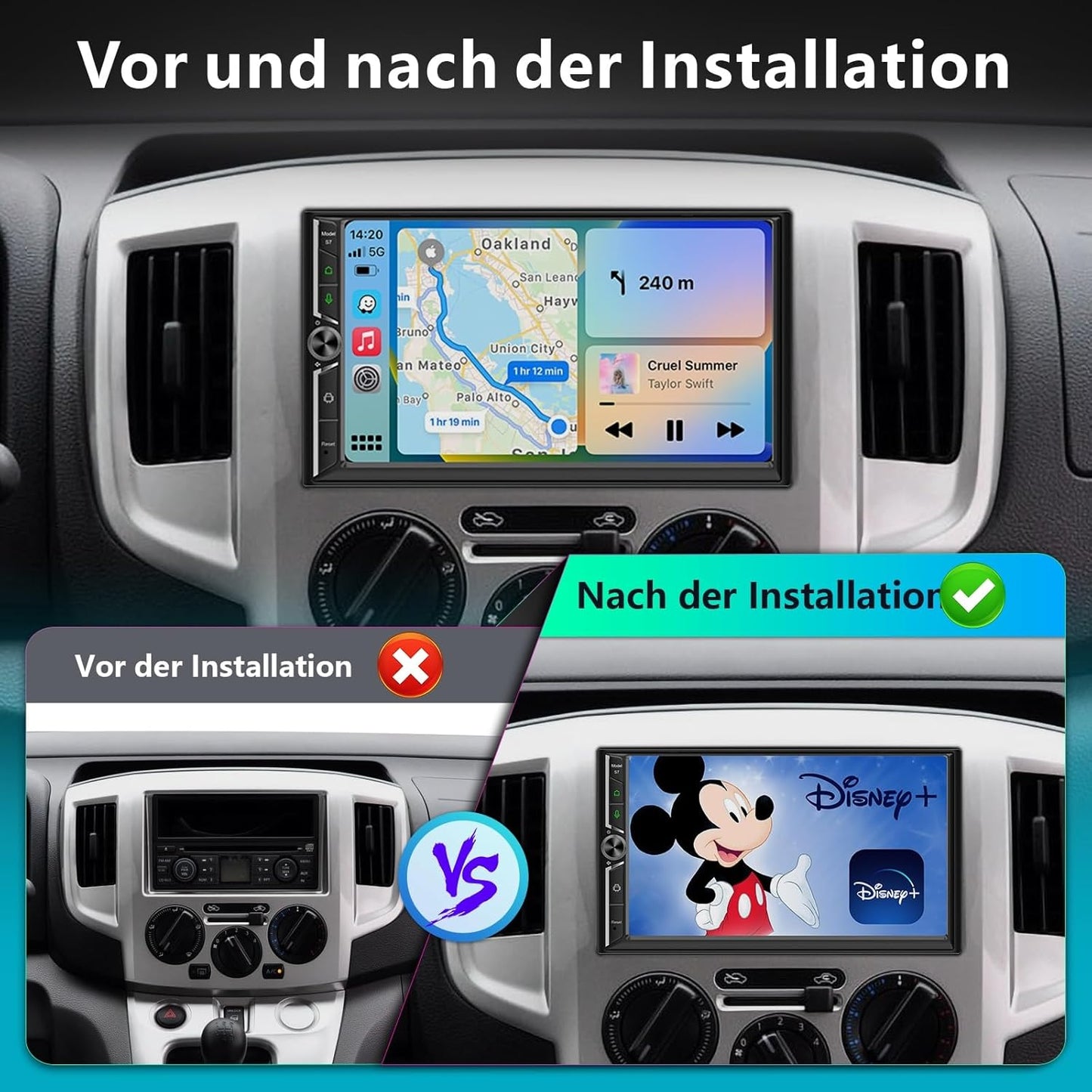 Android Doppel Din Radio mit Wireless Carplay Wireless Android Auto Autoradio mit Bildschirm, 4G+64G 7 Zoll Car Play Auto Radio 2din Touch Display mit Navi, Bluetooth, GPS, WiFi, AM/FM/RDS, AUX/SWC