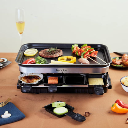Raclettegrill 8 Personen Grillplatte Antihaftbeschichtet, Raclette mit 8 Mini-Raclettepfännchen &amp; 4 Holzspatel, Stufenlos regelbare Temperatur, 1500 W, Edelstahl