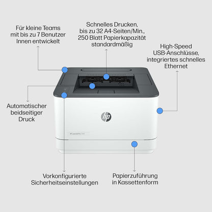 Imprimante laser HP LaserJet Pro 3002dw, Drucker, impression automatique, jusqu'à 33 pages A4 par minute, USB haut débit, WiFi, Ethernet, Bluetooth, application HP Smart, HP Wolf Pro Security, gris, blanc