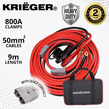 K KRIËGER Krieger Starthilfekabel, 9m 50mm² 800A Tragbarer Autobatterie-Booster mit Cable clamps. Câble de démarrage et Überbrückungskabel pour voiture et LKW. Câble de démarrage KFZ avec protection contre les surtensions