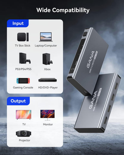 HDMI Switch 3 in 1 Out 4K @ 60Hz, GANA HDMI Splitter mit Fernbedienung, kompatibel mit PS5/4/3 Xbox Nintendo Switch Roku TV Fire Stick
