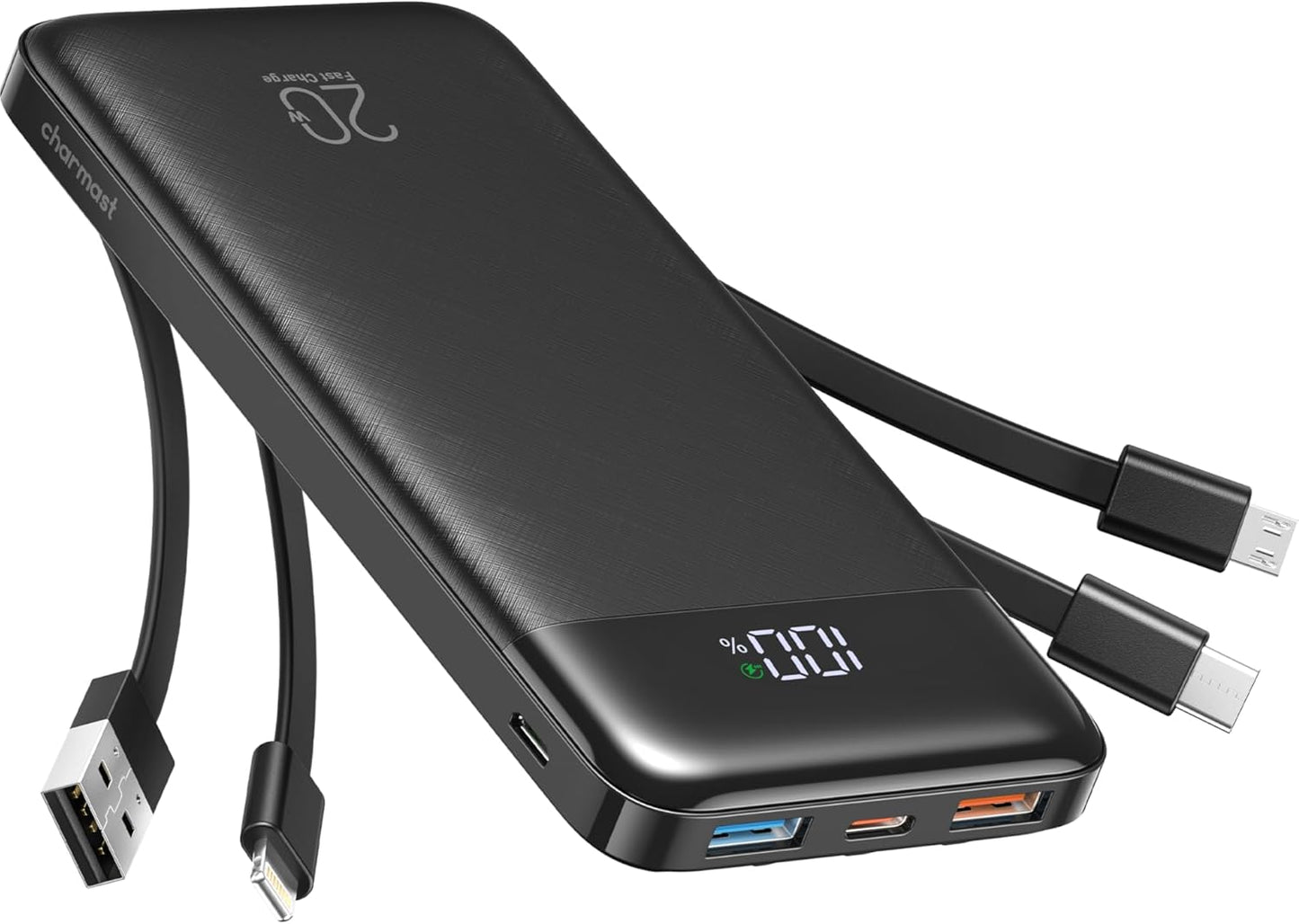 Charmast Power Bank, 22,5W Powerbank 20000mAh mit Kabel USB C und LED-Display, PD3.0 QC4.0 Externe Handyakkus mit 6 Ausgängen Kompatibel mit iPhone 16 15 14 13 12 11 Pro Max Plus Samsung Huawei Tablet