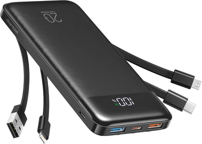 Charmast Power Bank, 22,5W Powerbank 20000mAh mit Kabel USB C und LED-Display, PD3.0 QC4.0 Externe Handyakkus mit 6 Ausgängen Kompatibel mit iPhone 16 15 14 13 12 11 Pro Max Plus Samsung Huawei Tablet