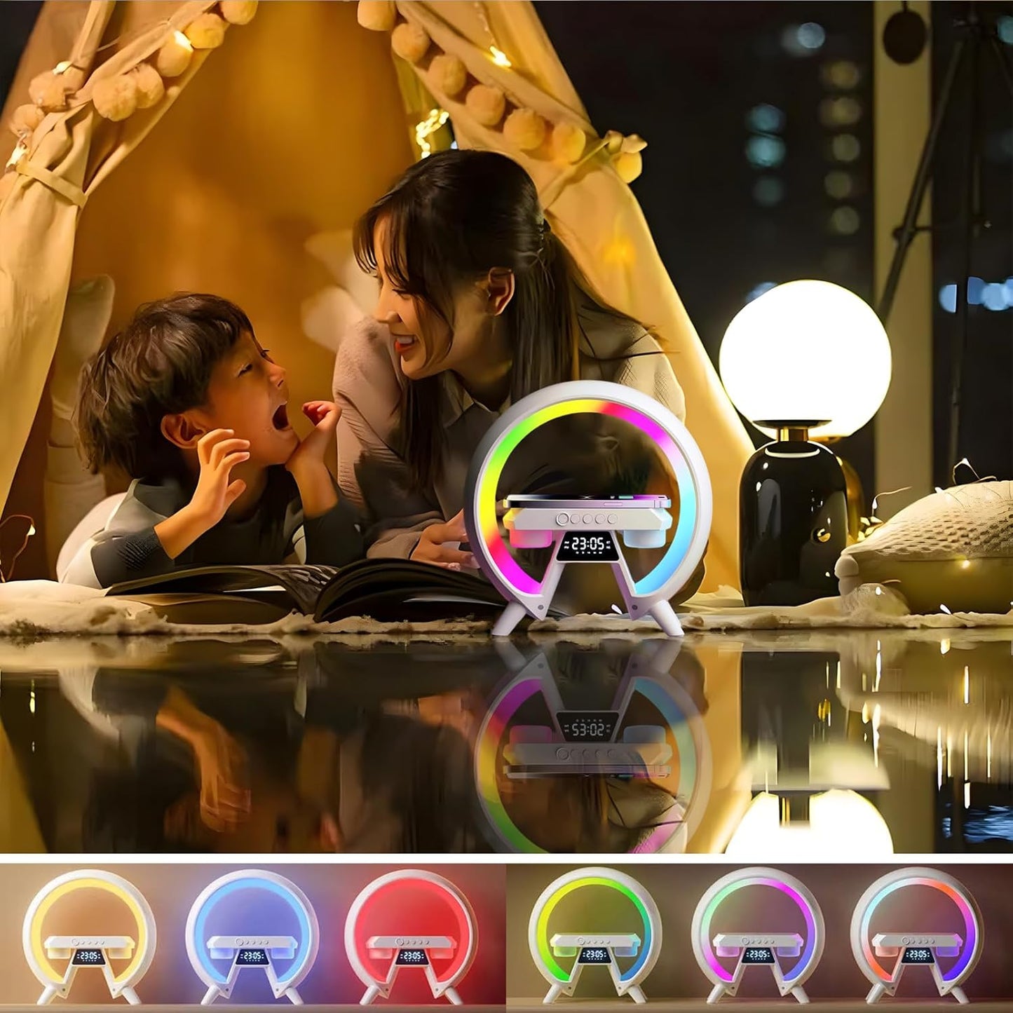 Atmosphärenlampe mit Kabellosem Ladegerät, 5 in 1 Kabelloses Laden Tischlampe,LED Nachttischlampe, Musik Alarm Clock,Dimmbar Nachtlicht, Bluetooth-Lautsprecher, für Büro, Schlafzimmer,Wohnzimmer [Energieklasse G]