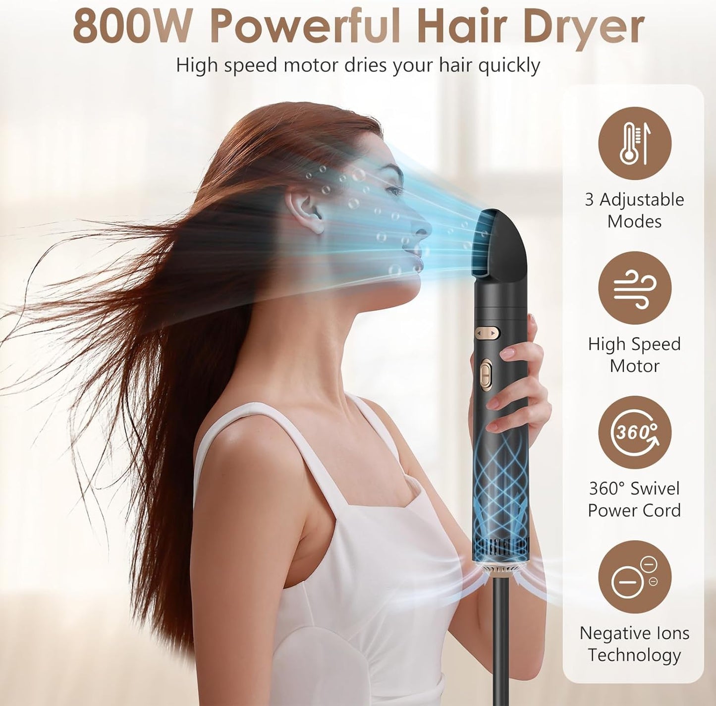 Warmluftbürste Rotierend Set, 3 in 1 Air Styler mit Föhnbürste, Warmluftbürste, Haartrockner Thermal Brush, Leistungsstarke Rundbürstenföhn Set zum Trocknen Glätten Formen (Schwarz)