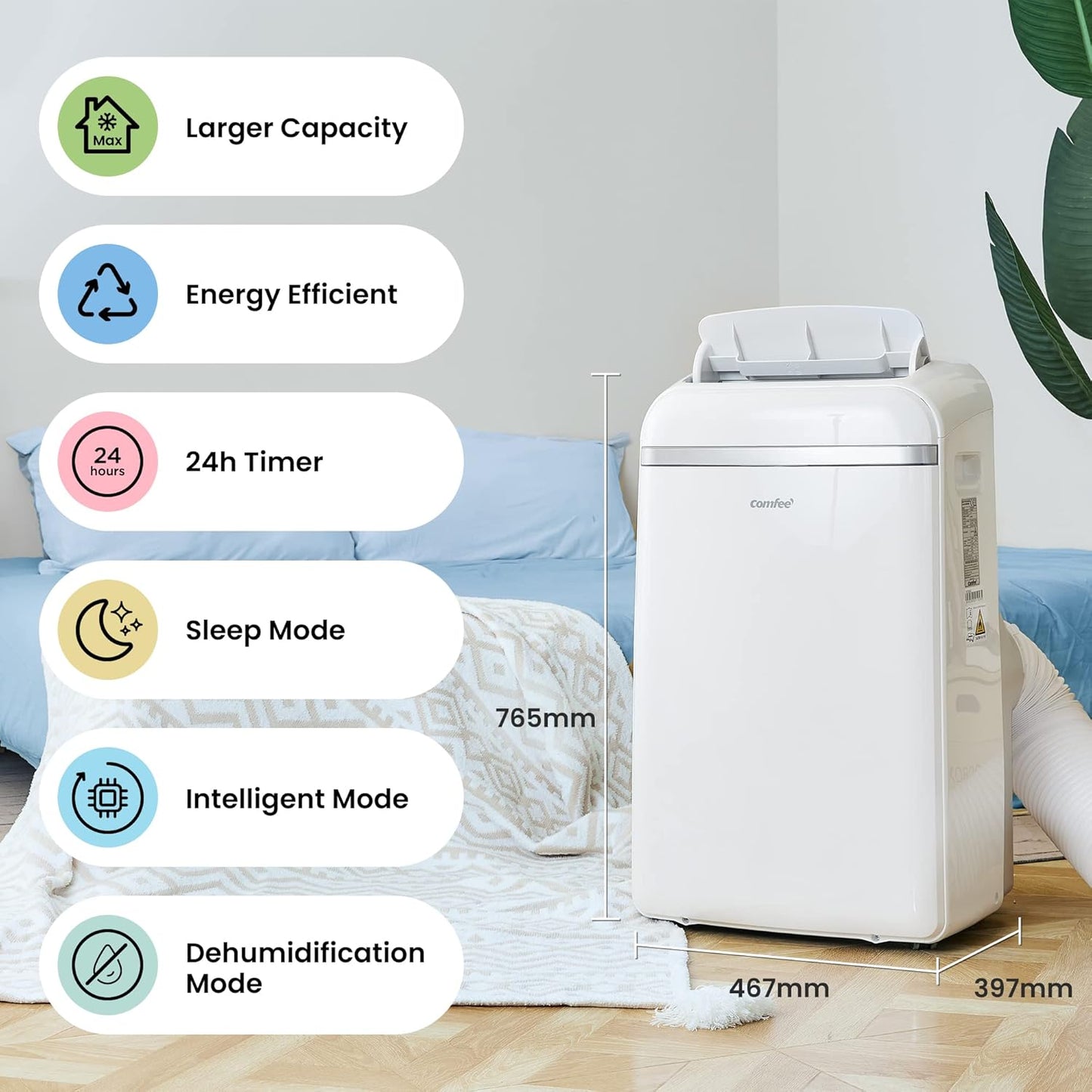 Comfee Mobiles Klimagerät PAC 12000, 12000 BTU 3,5kW, Kühlen&Ventilieren&Entfeuchten, Raumgröße bis 117m³(43㎡), Mobile Klimaanlage mit Abluftschlauch