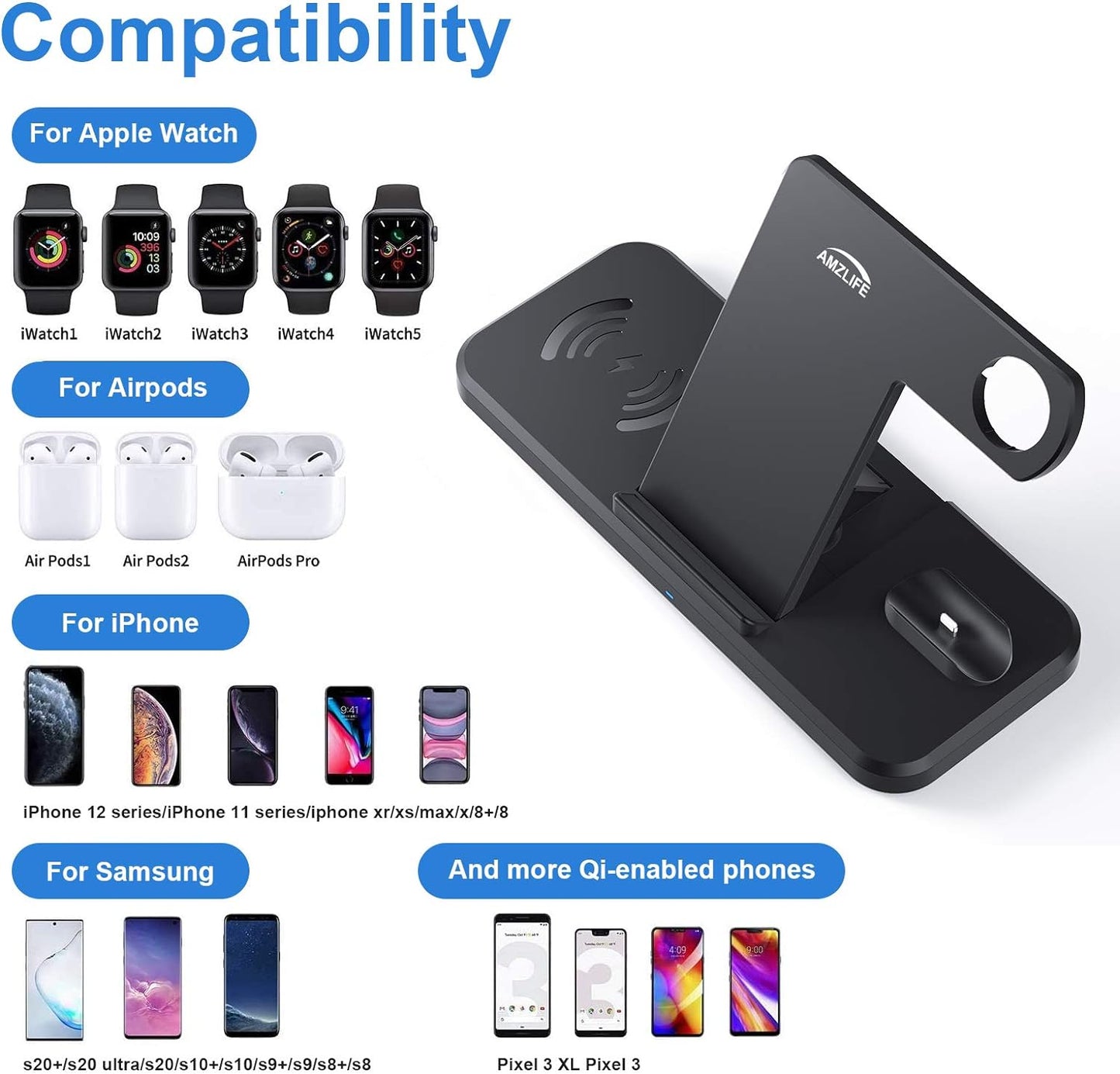 Chargeur sans fil Jekeco, station de charge inductive Qi 4 en 1, connexions par câble 15 W pour Apple Watch SE/6/5, Airpods Pro, iPhone 14/13/12/11/SE/XR/XS, Samsung Galaxy Buds/S21/S20 avec adaptateur QC 3.0 18 W