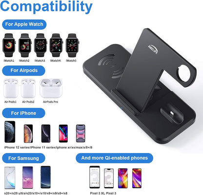 Chargeur sans fil Jekeco, station de charge inductive Qi 4 en 1, connexions par câble 15 W pour Apple Watch SE/6/5, Airpods Pro, iPhone 14/13/12/11/SE/XR/XS, Samsung Galaxy Buds/S21/S20 avec adaptateur QC 3.0 18 W