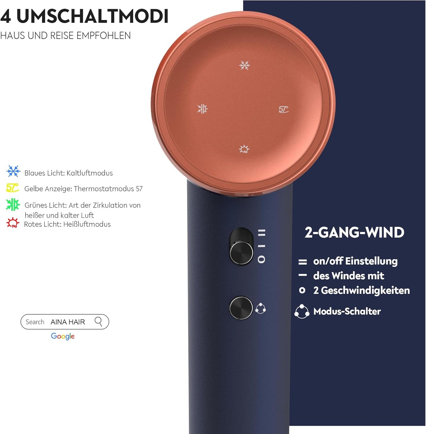 AINA Haartrockner mit Diffusor, Föhn für Frauen Blau