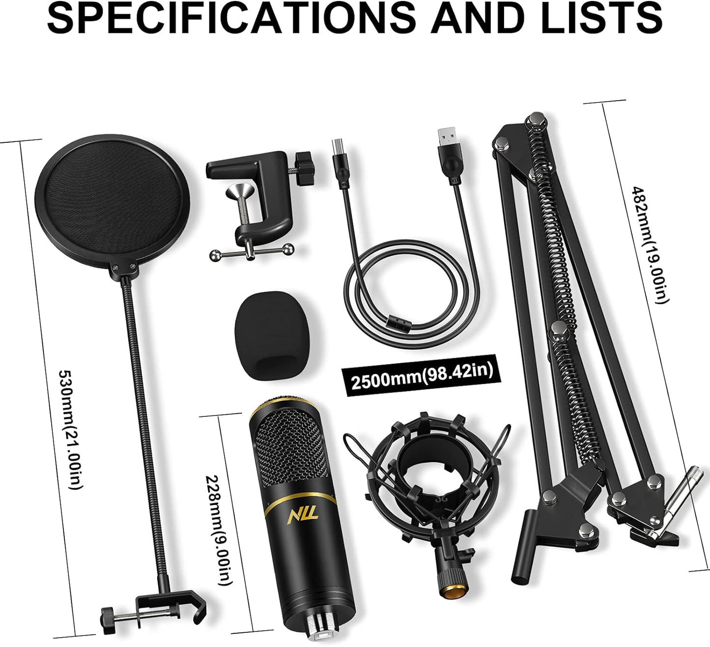 NLL USB-Mikrofon für Computer, PC, Podcast-Mikrofon-Set für Streaming, Studio-Audio, Sound, mit Gaming-Mikrofonständer, stoßdämpfende Halterung, Pop-Filter NC-011