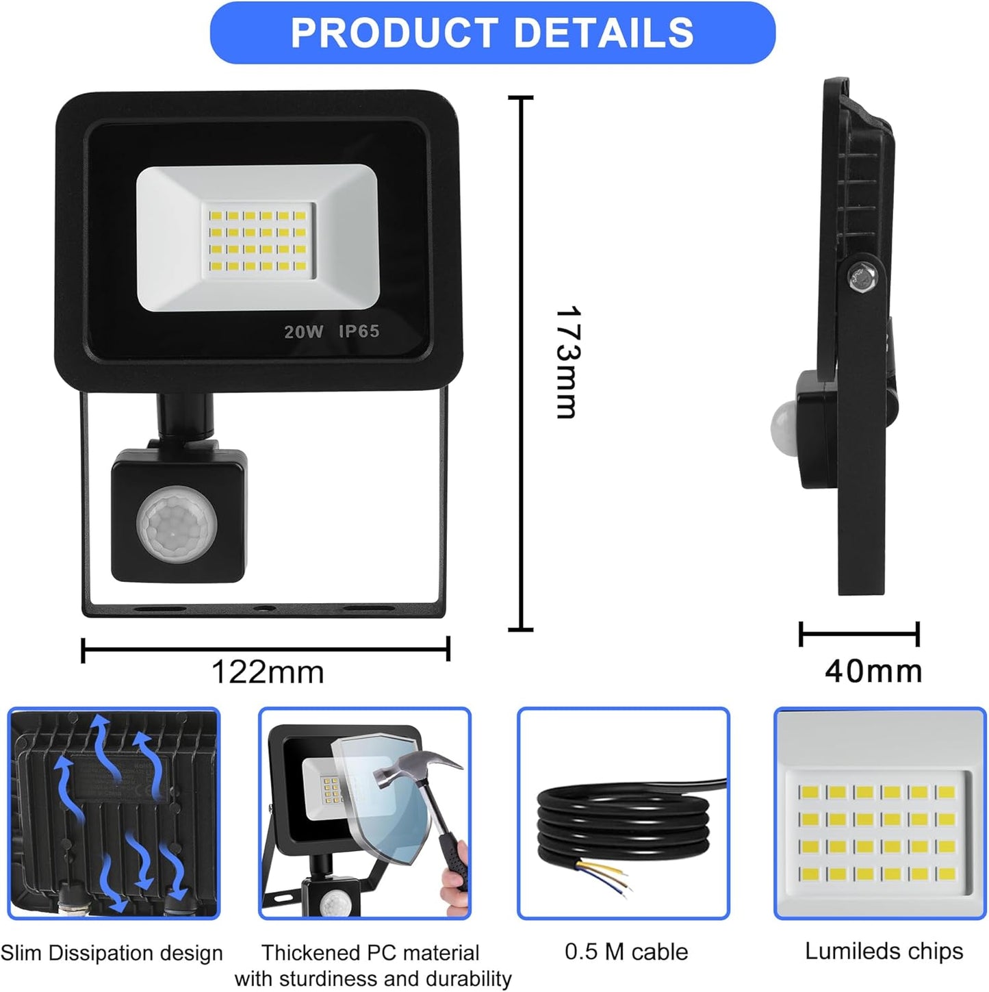 Realky 20W LED Flutlicht mit Bewegungsmelder, 24 LED Flutlicht, IP65, wasserdicht, für den Außenbereich, 6500K, 220V, Flutlicht für Garten, Terrasse, Garage, Outdoor (2 Stück) [Energieklasse F]