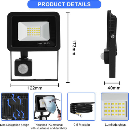 Realky 20W LED Flutlicht mit Bewegungsmelder, 24 LED Flutlicht, IP65, wasserdicht, für den Außenbereich, 6500K, 220V, Flutlicht für Garten, Terrasse, Garage, Outdoor (2 Stück) [Energieklasse F]