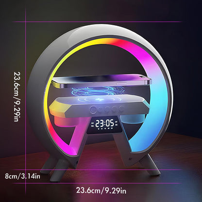 Atmosphärenlampe mit Kabellosem Ladegerät, 5 in 1 Kabelloses Laden Tischlampe,LED Nachttischlampe, Musik Alarm Clock,Dimmbar Nachtlicht, Bluetooth-Lautsprecher, für Büro, Schlafzimmer,Wohnzimmer [Energieklasse G]
