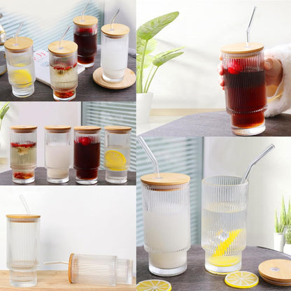 HMJIA 4er-Pack 500 ml Longdrinkgläser aus geriffeltem Glas mit Glasstrohhalmen, Bambusdeckeln, Reinigungsbürste – Cocktailglas-Set
