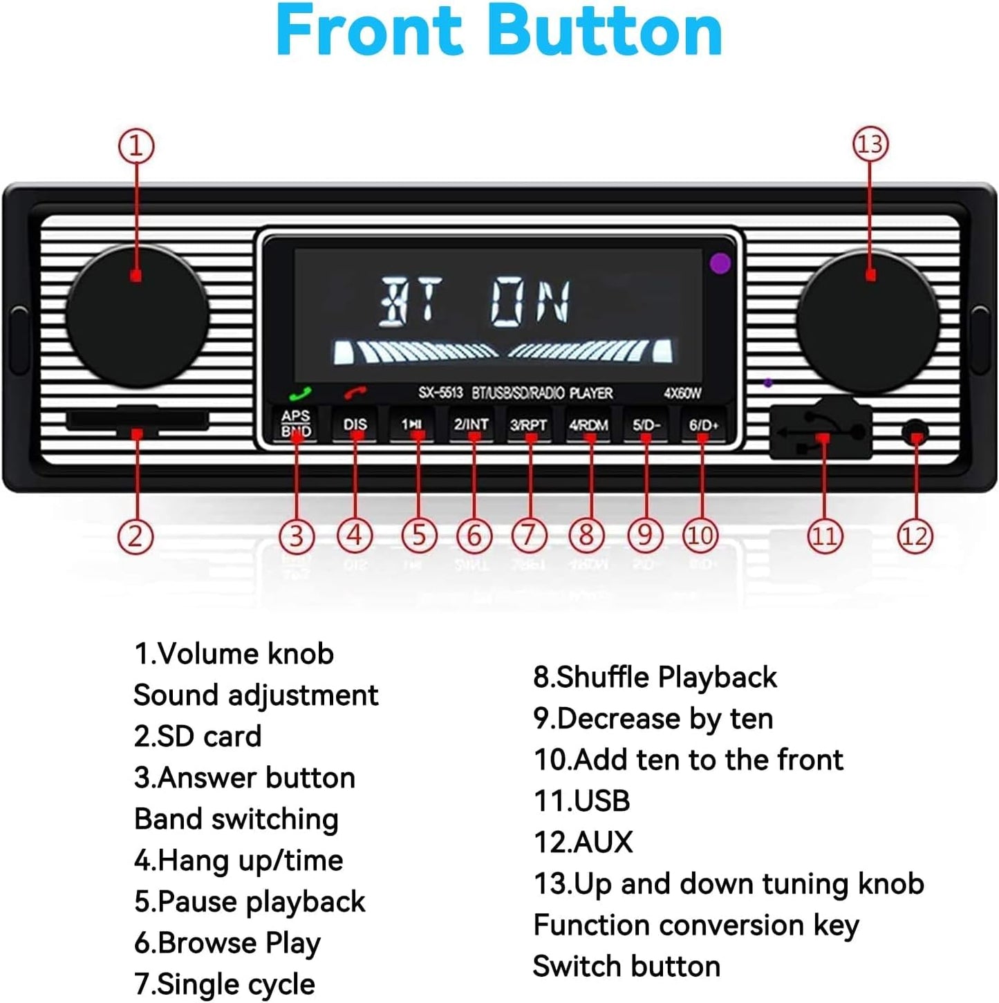 Oldtimer-Stereoanlage, Bluetooth-Autoradio, 2 Knöpfe, Einzel-DIN, 60WX4, FM, Freisprech-Autoradio, Oldtimer-MP3, AUX, USB, U-Disk-Audio mit Fernbedienung