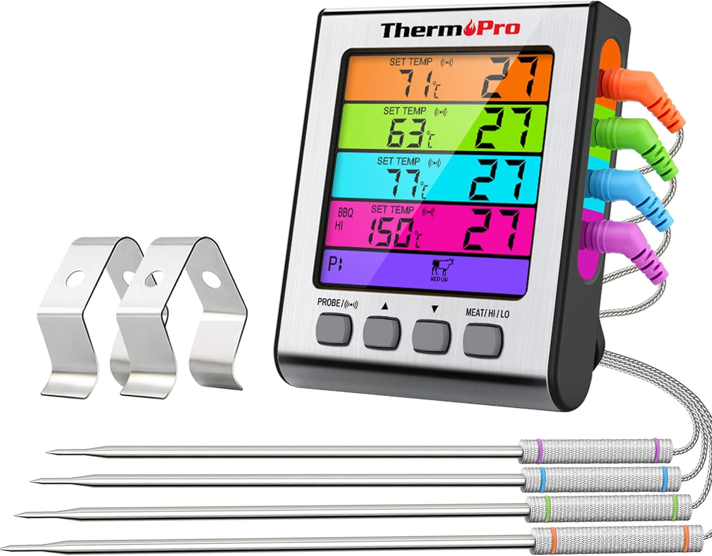 ThermoPro TP17H Digitales Grillthermometer Bratenthermometer Fleischthermometer Ofenthermometer mit 4 Edelstahlsonden, Blaue Hintergrundbeleuchtung, Temperaturbereich bis 300°C