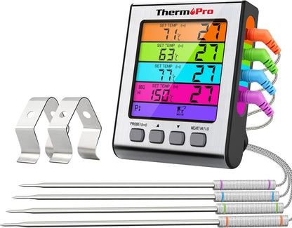 ThermoPro TP17H Digitales Grillthermometer Bratenthermometer Fleischthermometer Ofenthermometer mit 4 Edelstahlsonden, Blaue Hintergrundbeleuchtung, Temperaturbereich bis 300°C