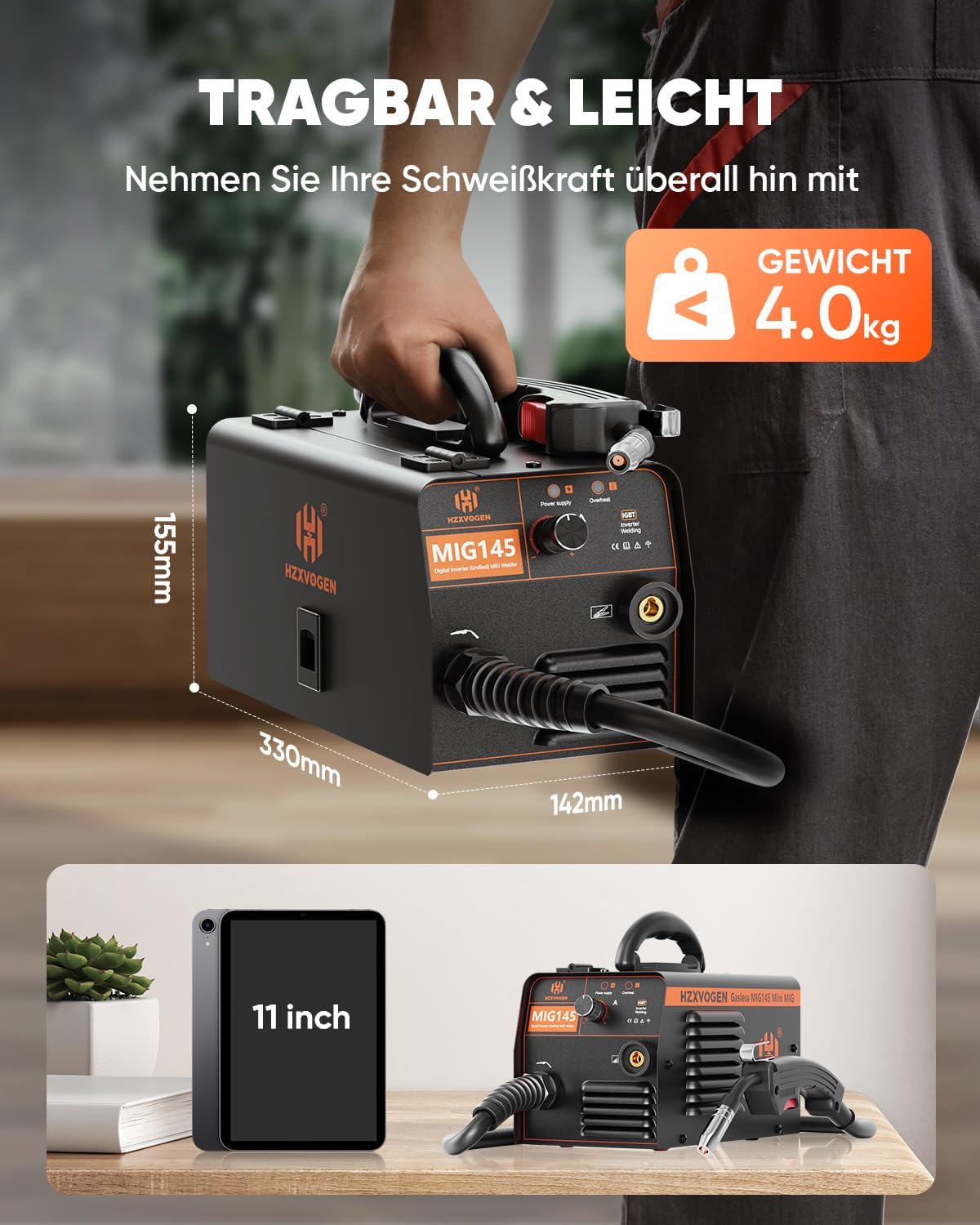 HZXVOGEN Fülldraht Schweißgerät ohne Gas, 145A Mini Schweissgerät mit Fülldraht, IGBT Inverter MIG Schweißgerät