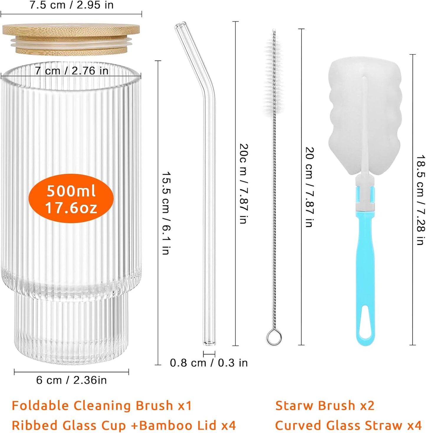 HMJIA 4er-Pack 500 ml Longdrinkgläser aus geriffeltem Glas mit Glasstrohhalmen, Bambusdeckeln, Reinigungsbürste – Cocktailglas-Set
