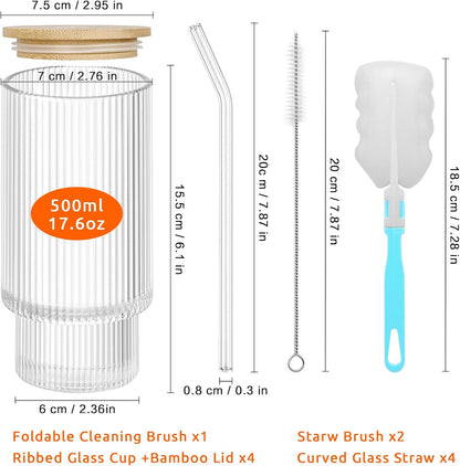HMJIA 4er-Pack 500 ml Longdrinkgläser aus geriffeltem Glas mit Glasstrohhalmen, Bambusdeckeln, Reinigungsbürste – Cocktailglas-Set